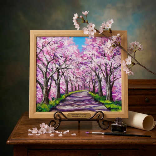 桜の小道：春の記憶】油彩画 桜 風景 風景画 油絵 額装なし（または