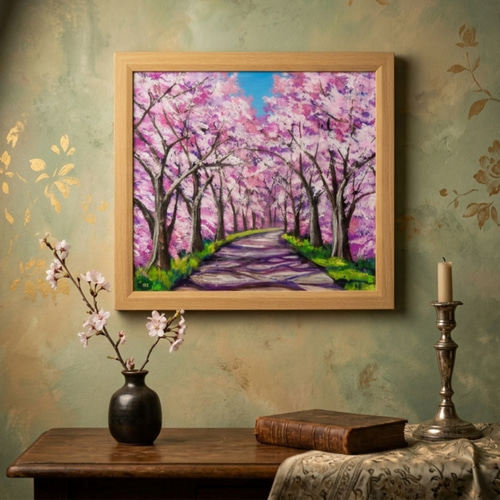 桜の小道：春の記憶】油彩画 桜 風景 風景画 油絵 額装なし（または
