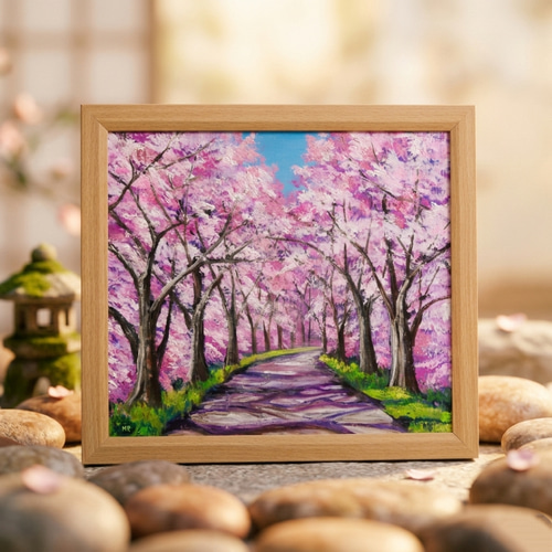 桜の小道：春の記憶】油彩画 桜 風景 風景画 油絵 額装なし（または