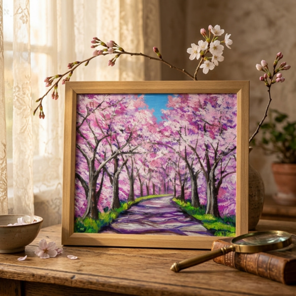 桜の小道：春の記憶】油彩画 桜 風景 風景画 油絵 額装なし（または