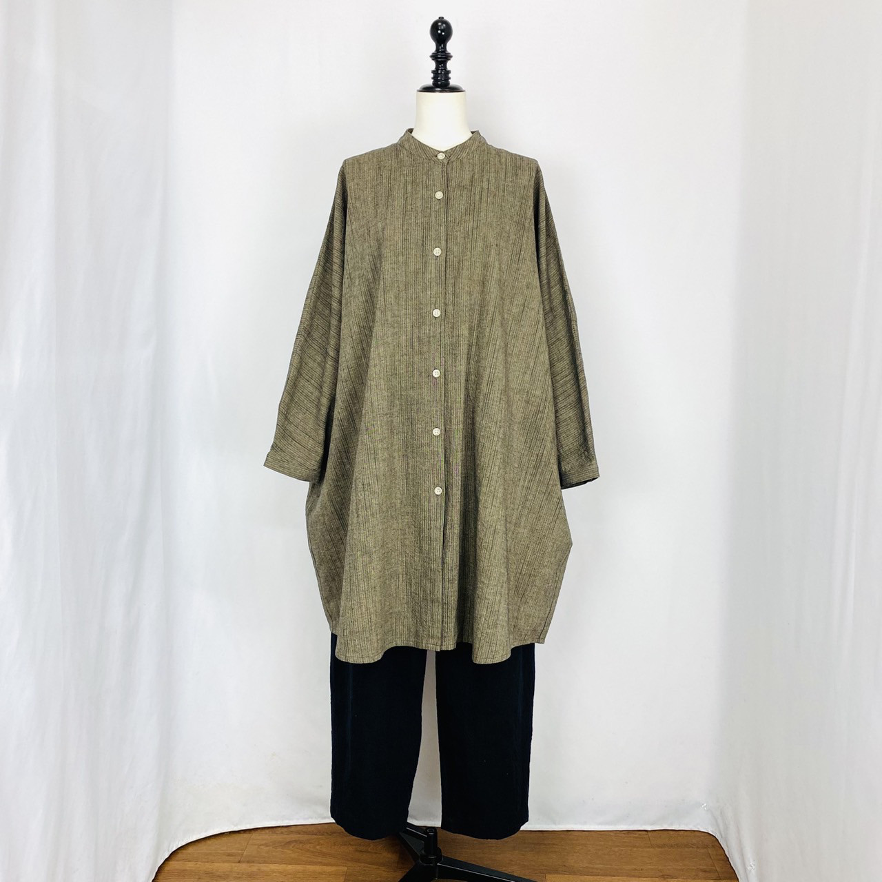 【遠州織物】ドルマンスリーブのロングブラウス 黒茶 逆スラブ ストライプ オーガニックコットン