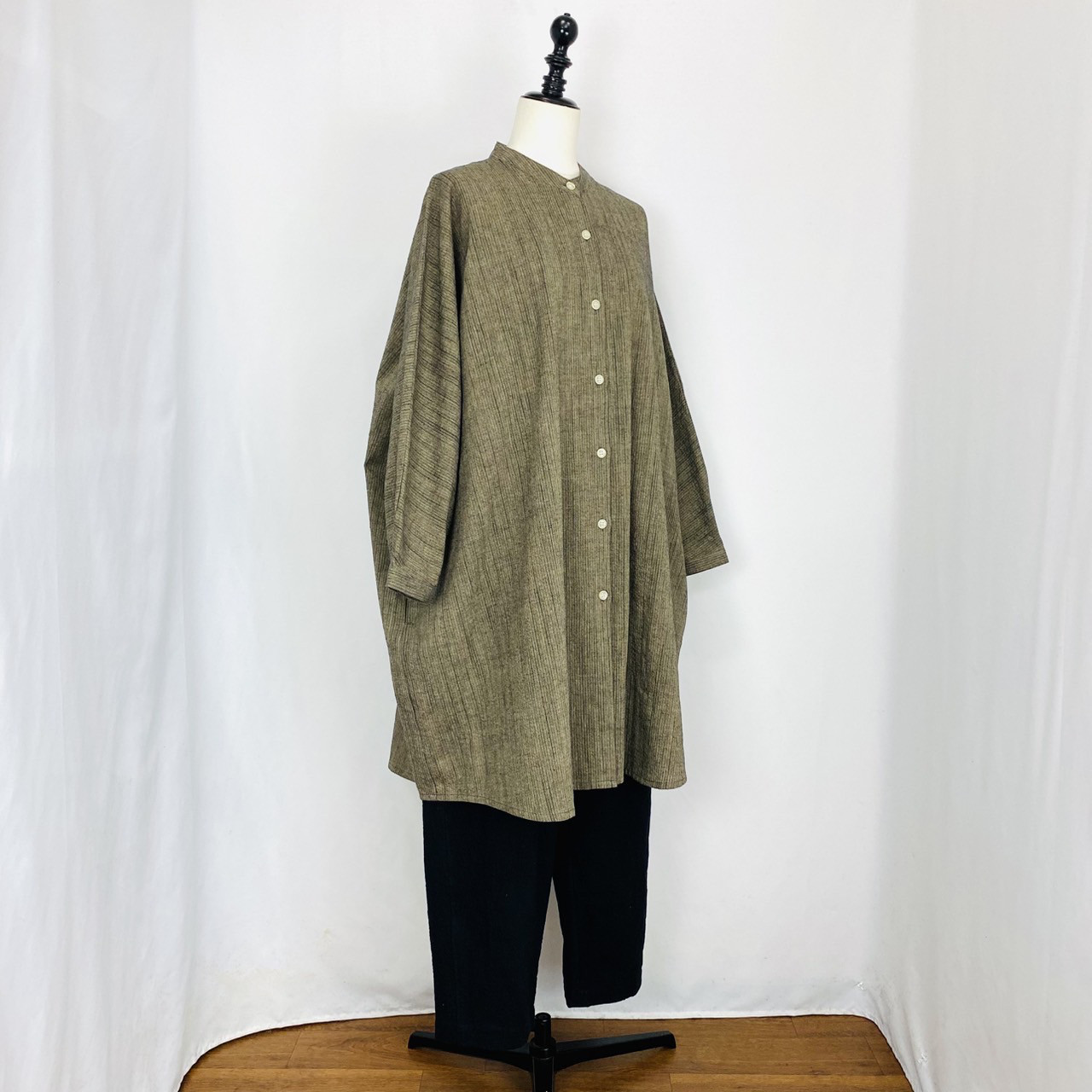 【遠州織物】ドルマンスリーブのロングブラウス 黒茶 逆スラブ ストライプ オーガニックコットン