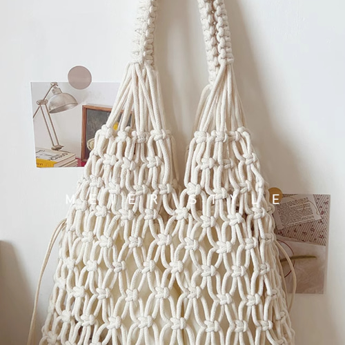 手作り】 透かし模様のショルダ 文芸トートバッグ 綿糸編みバッグ 漁網