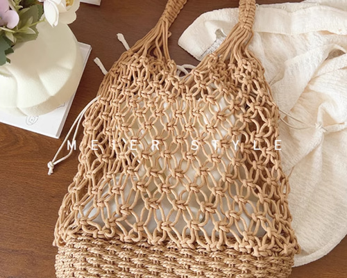 手作り】 透かし模様のショルダ 文芸トートバッグ 綿糸編みバッグ 漁網