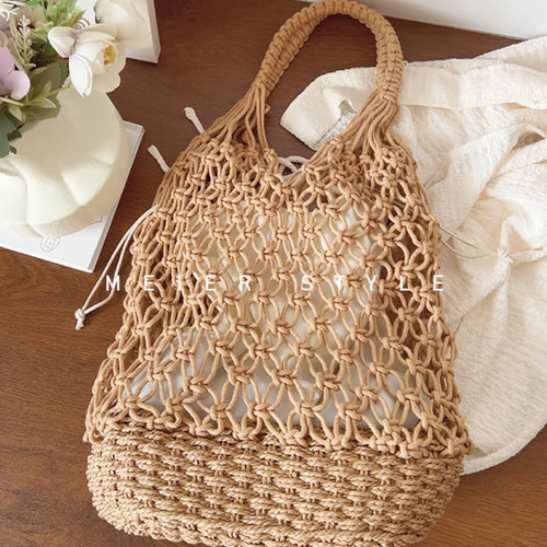 手作り】 透かし模様のショルダ 文芸トートバッグ 綿糸編みバッグ 漁網