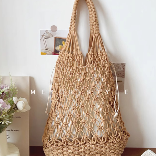 手作り】 透かし模様のショルダ 文芸トートバッグ 綿糸編みバッグ 漁網