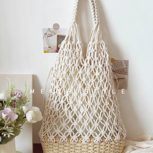 手作り】 透かし模様のショルダ 文芸トートバッグ 綿糸編みバッグ 漁網
