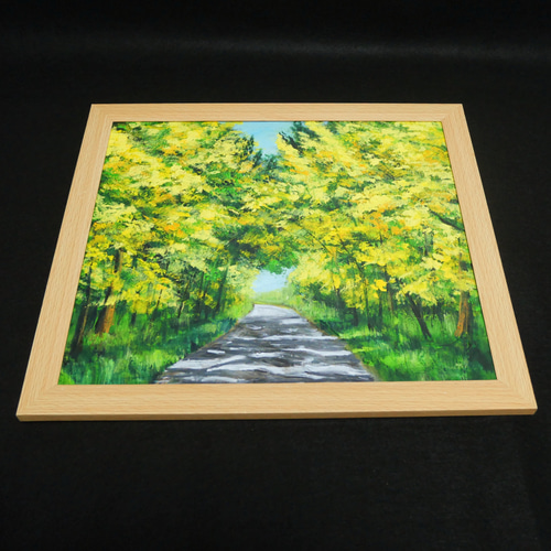 一点物】【原画】幸せを運ぶミモザ並木：光のトンネルを抜けて（油彩画