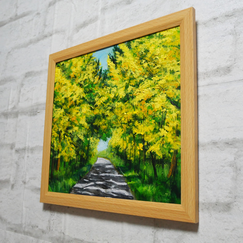 油絵 油彩 油彩画 絵 絵画 【ミモザのトンネル】 一点物】【原画】幸せを運ぶミモザ並木：光のトンネルを抜けて（油彩画