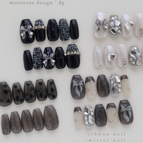 size order】ネイルチップ リボンネイル モノトーンネイル フレンチ