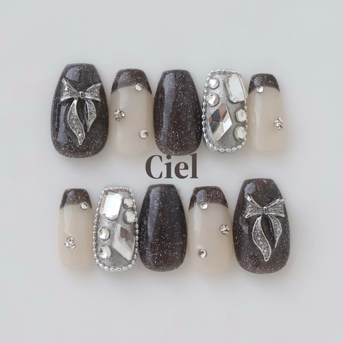 size order】ネイルチップ リボンネイル モノトーンネイル フレンチ
