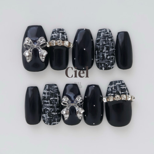 size order】ネイルチップ モノトーンネイル リボンネイル ツイード