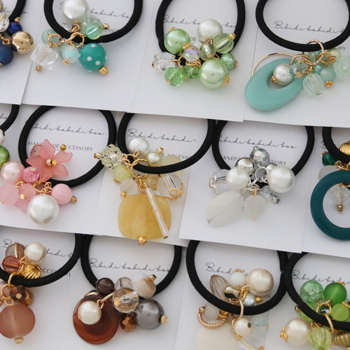 じゃらじゃら ヘアゴム スモークグリーン/ベージュ