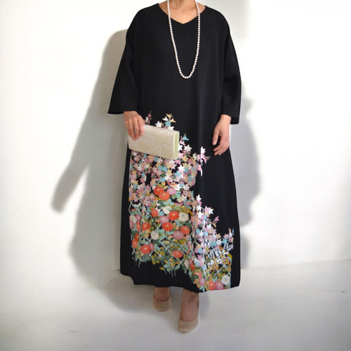 3XL ,着物リメイク,上品ワンピース, 黒留袖リメイク ワンピース, ,上品