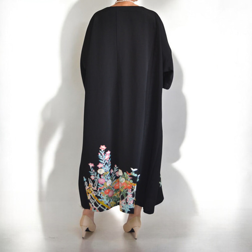 3XL ,着物リメイク,上品ワンピース, 黒留袖リメイク ワンピース