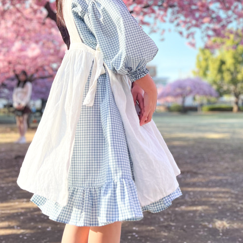 ハンドメイド子供服 前掛けエプロン付き ギンガムチェックワンピース ギンガムチェック エプロン付きワンピース | amimin