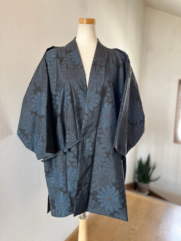 着物リメイク 訪問着 紬地 作家物 抽象文様 正絹から作務衣
