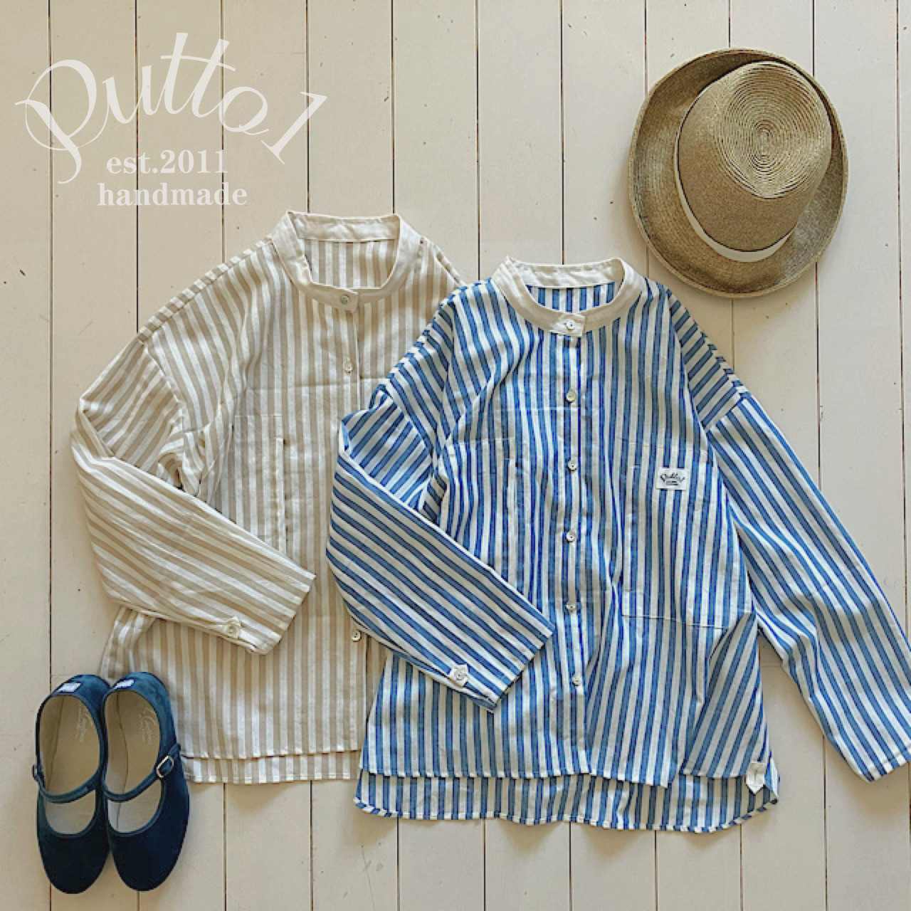 再販・ベージュは完売「受注生産」春夏のさらっとコットンリネンストライプ・スタンドカラーブラウス・長袖