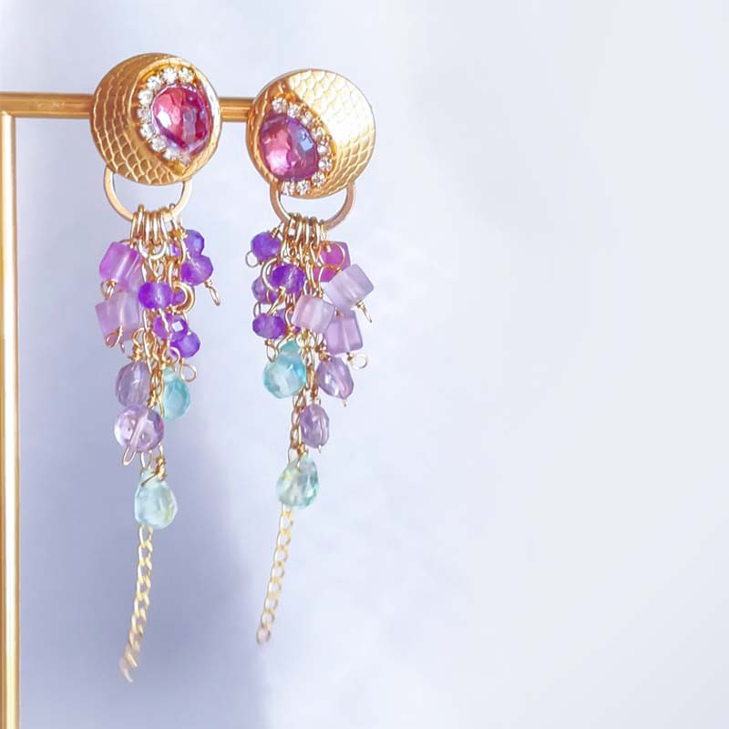 ピンク アメジスト ピアス 大ぶり ピンク 天然石 イヤリング・ピアス ヴィンテージ ゴールド フローライト 母の日