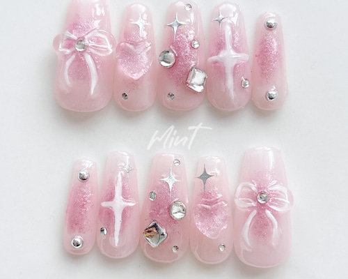 ぷっくり リボン ピンク チークネイル ネイルチップ ♡ ネイルチップ