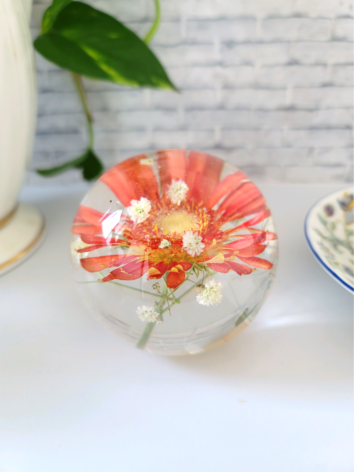 オレンジのガーベラ/インテリア小物/薔薇/花/固まるハーバリウム/植物標本/球体 直径8cm