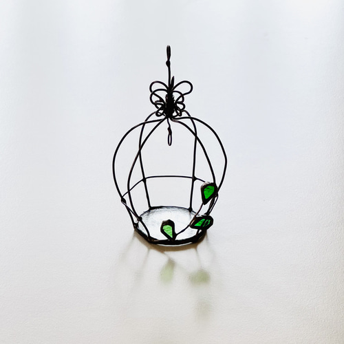 鳥かご ゆらゆら揺れる青い鳥 ステンドグラス ワイヤークラフト サン
