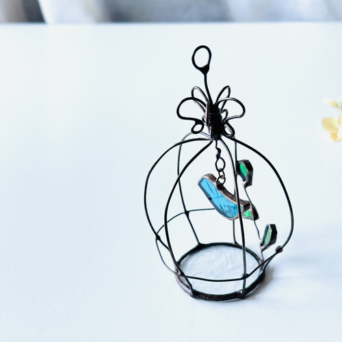 鳥かご ゆらゆら揺れる青い鳥 ステンドグラス ワイヤークラフト サン