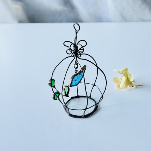 鳥かご ゆらゆら揺れる青い鳥 ステンドグラス ワイヤークラフト サン