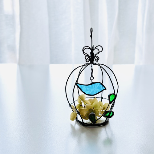 鳥かご ゆらゆら揺れる青い鳥 ステンドグラス ワイヤークラフト サン