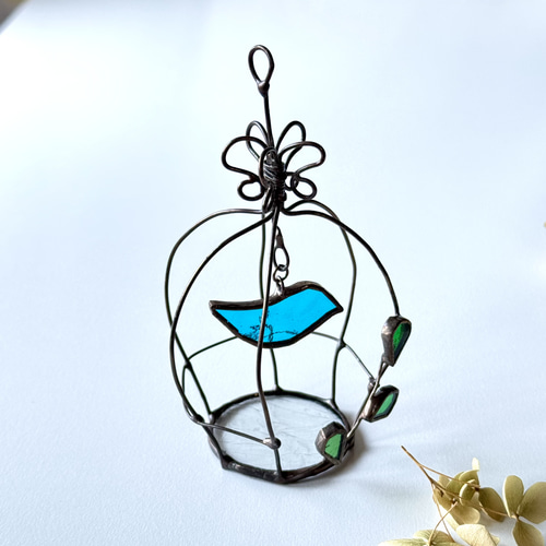 鳥かご ゆらゆら揺れる青い鳥 ステンドグラス ワイヤークラフト サン