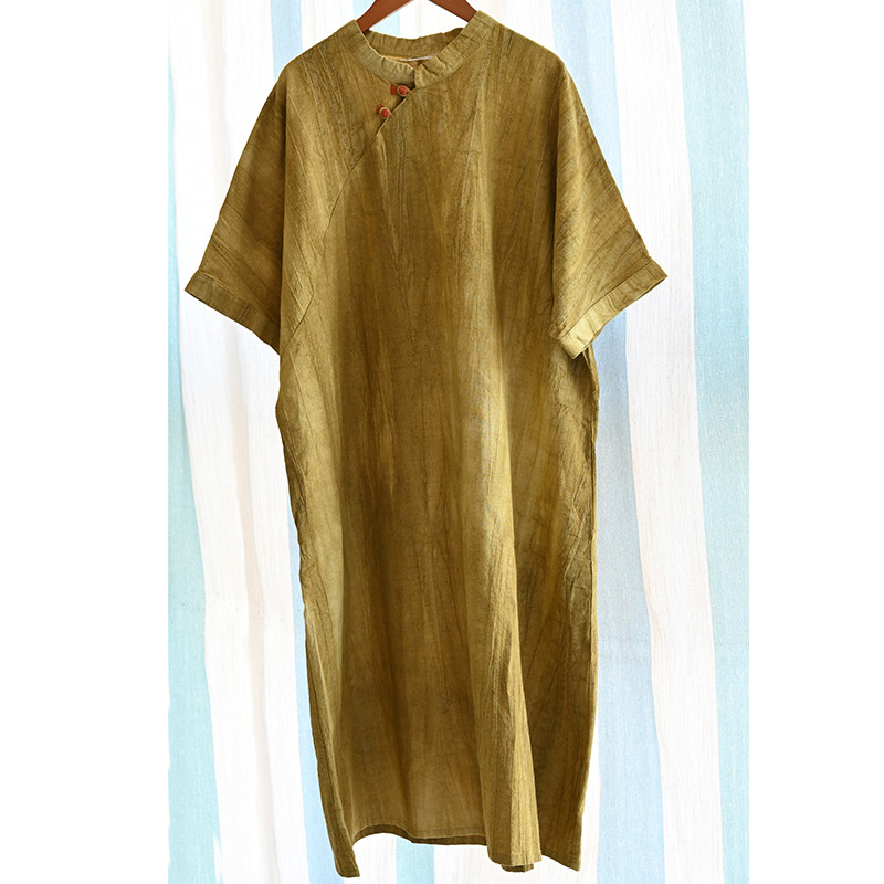 絞り染め綿麻ワンピース　チャイナドレス風半袖ワンピース　３色　フリーサイズ　L579