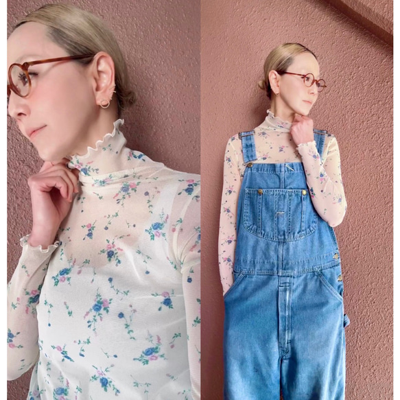 RATA❤️M＆L❤️型崩れしにくい高収縮のメローシアートップス❤️アンティークフラワー❤️レトロアイボリー❤️古着にも 1枚目の画像