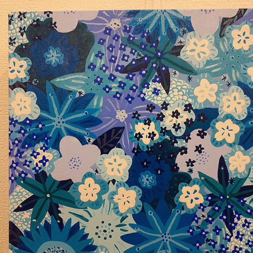 青だらけの花の作品 抽象画 キャンバスアート 25×25cm 画家 小楠アキコ