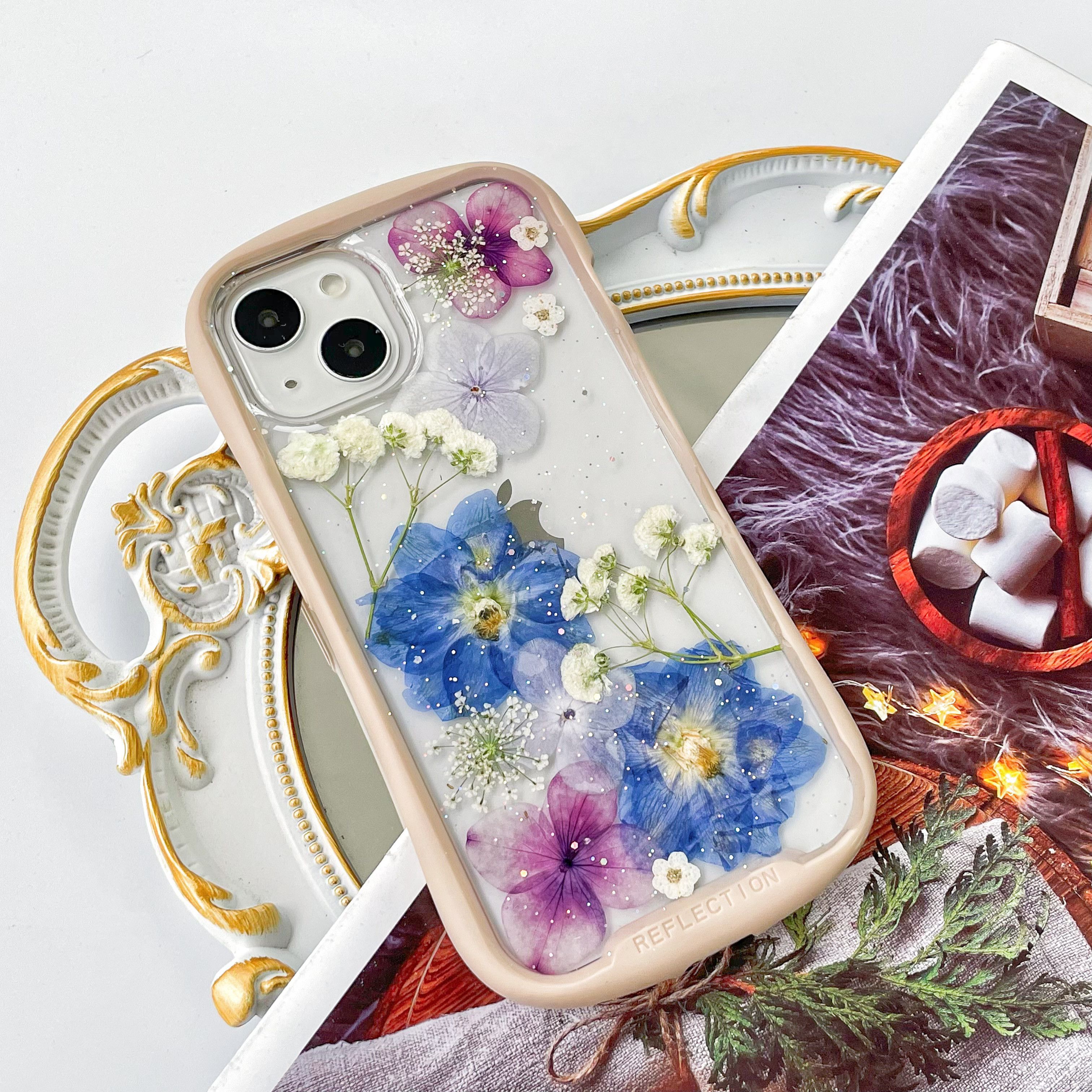 紫陽花iFace風押し花スマホケース iPhoneのみ対応 手帳型 iPhone16 iPhone16Pro