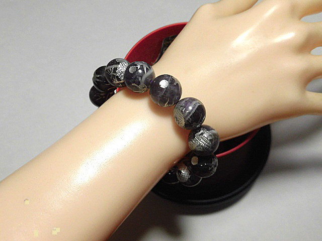 天然石 アメジスト青龍13.8～14.5mm玉ブレスレット 内周17.3cm 　　250720103