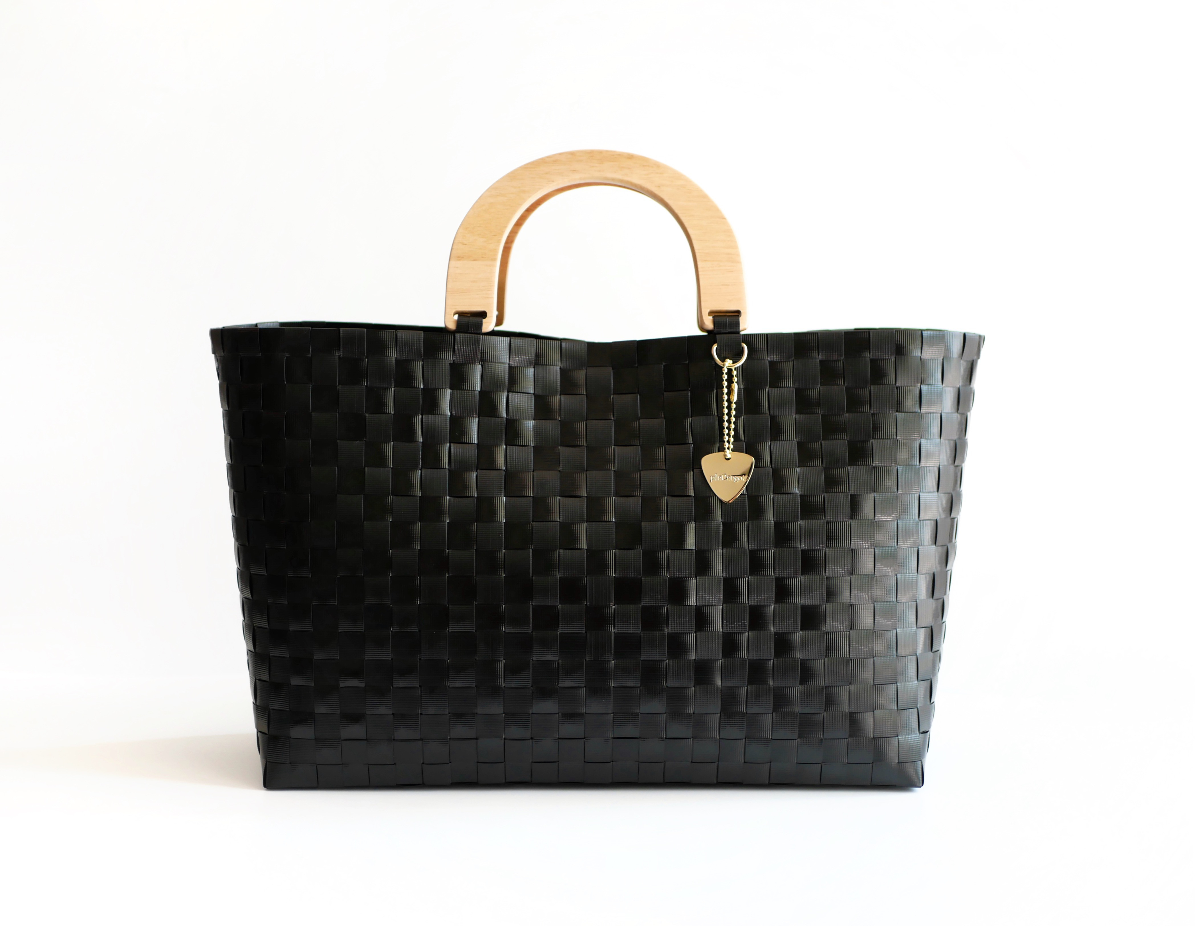 天然木ハンドルのプラかごバッグ　LLサイズ　ブラック　B4サイズ　2WAY　アウトドア　マルシェバッグ【受注製作】
