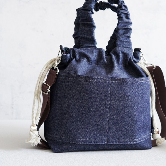 岡山牛仔束口袋（海軍藍）旅行推薦◎2way單肩包休閒托特包春季海軍藍 第4張的照片