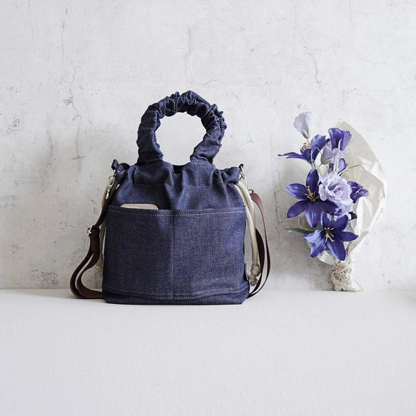 岡山牛仔束口袋（海軍藍）旅行推薦◎2way單肩包休閒托特包春季海軍藍 第18張的照片