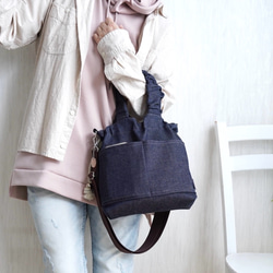 岡山牛仔束口袋（海軍藍）旅行推薦◎2way單肩包休閒托特包春季海軍藍 第9張的照片