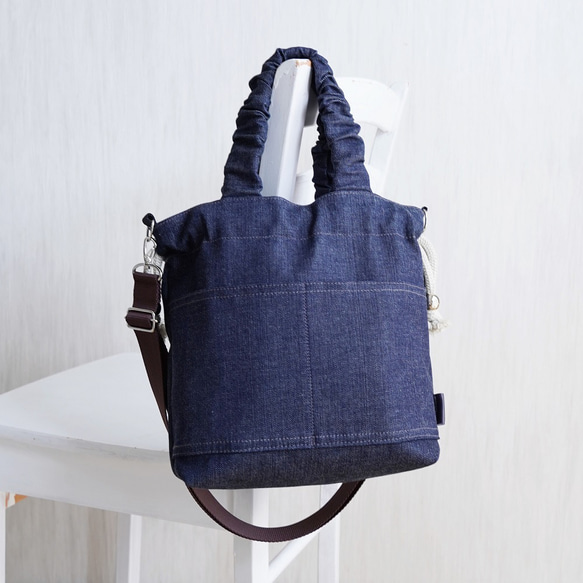 岡山牛仔束口袋（海軍藍）旅行推薦◎2way單肩包休閒托特包春季海軍藍 第15張的照片