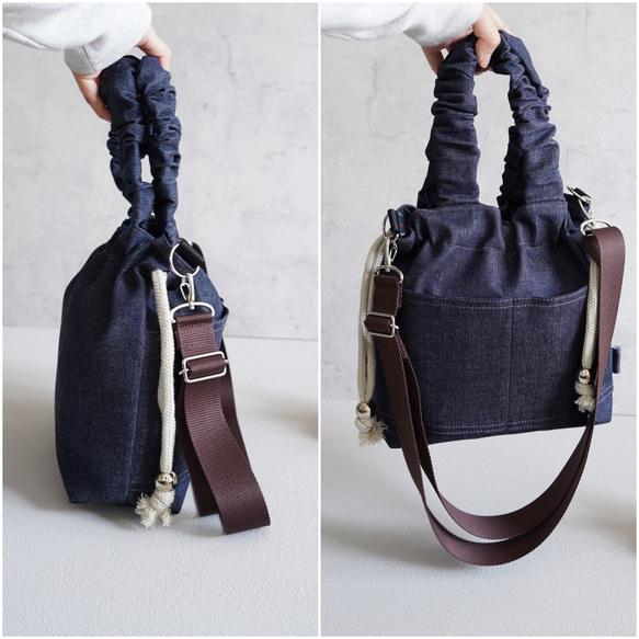 岡山牛仔束口袋（海軍藍）旅行推薦◎2way單肩包休閒托特包春季海軍藍 第5張的照片