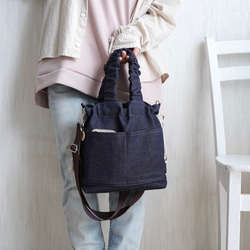 岡山牛仔束口袋（海軍藍）旅行推薦◎2way單肩包休閒托特包春季海軍藍 第3張的照片