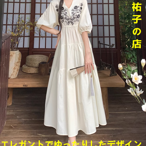 高級感。スタイリッシュなデザイン、綿麻Vネック重工刺繍ワンピース春