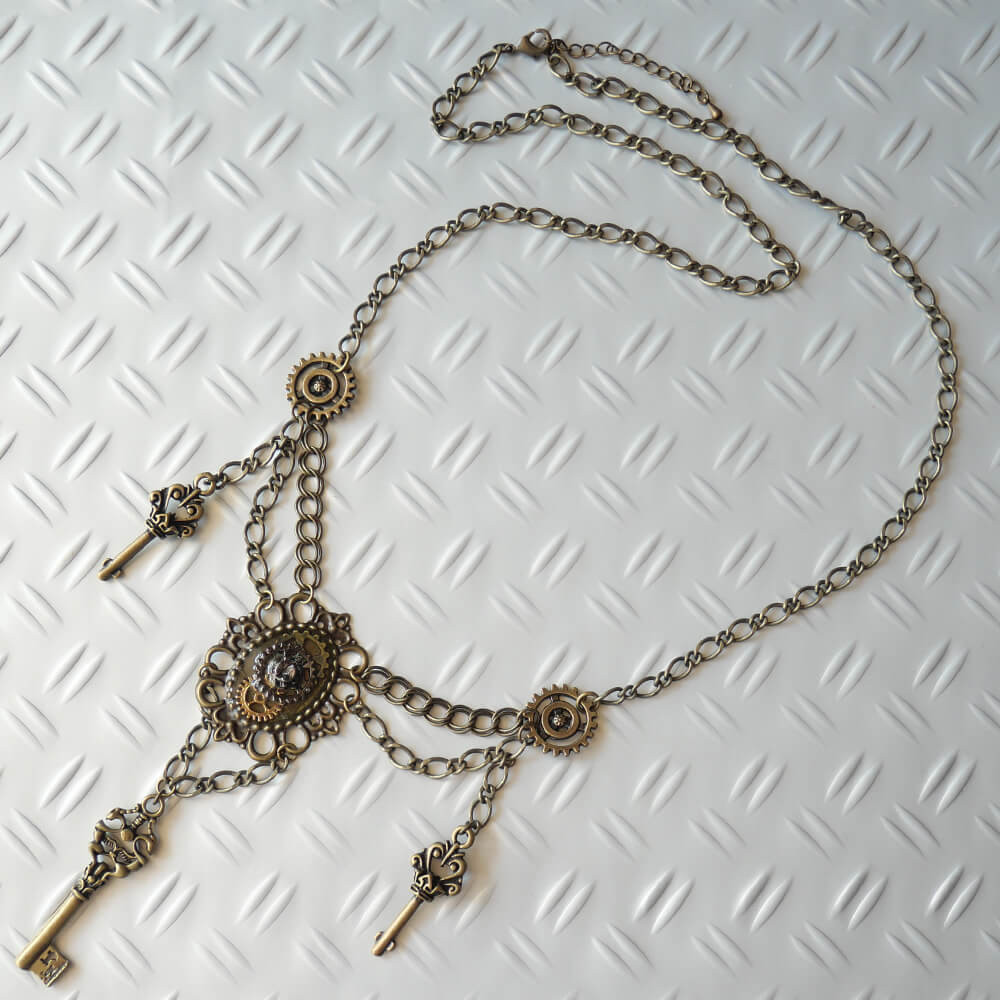 【steampunk】歯車スチームパンク 鍵 アンティークゴールド ギア メタル チェーン ネックレス