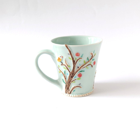 ネコさんのティータイムが楽しそう　ゆっくりティータイム（ネコと小鳥）マグカップ　磁器 5枚目の画像