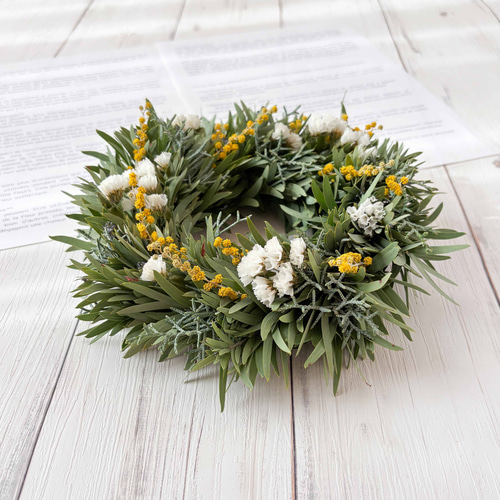 アカシアブルーブッシュとミモザのナチュラルリース Mサイズ ドライ