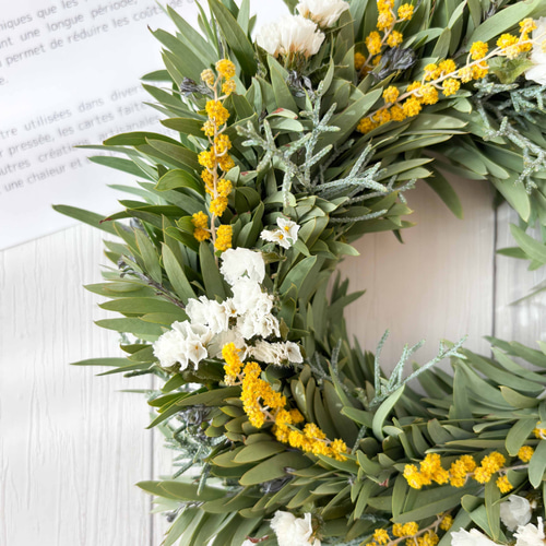 ミモザとグリーンのナチュラルリース 23cmMサイズ | ドライフラワー