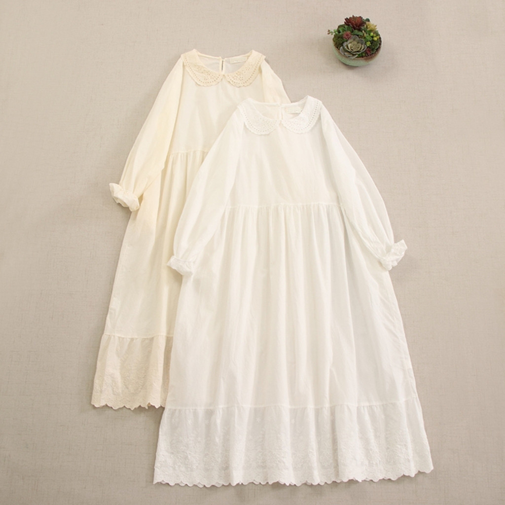 【刺繡★コットンのインナーワンピース】長袖│重ね着│丸襟│バルーンスリーブ│かわいいレース│森ガール風│O-93LB