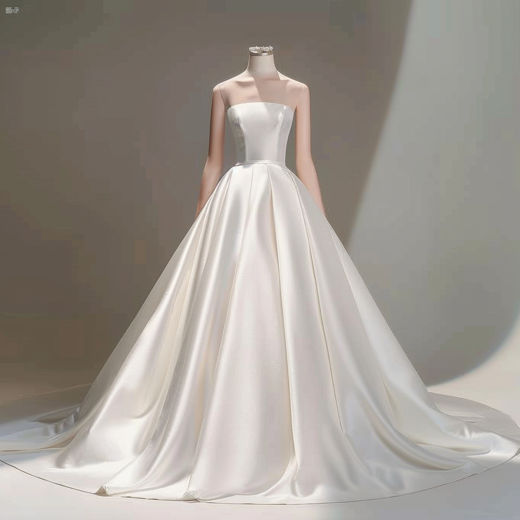 高級サテンウエディングドレス　ベアトップ　100ｃｍトレーン　カジュアル　結婚式　前撮り　二次会　結婚式 披露宴