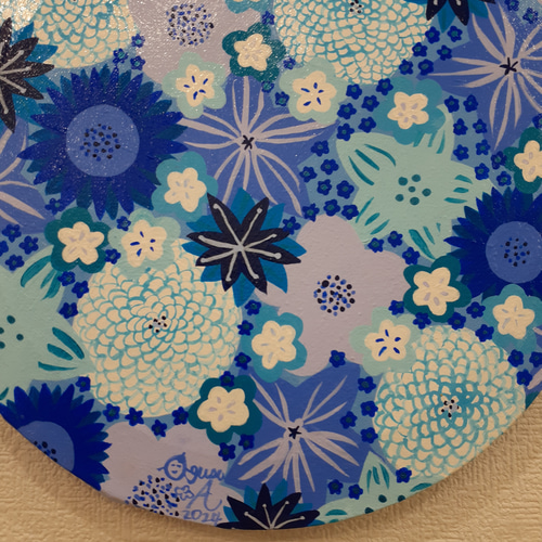 青だらけの花の作品 抽象画 キャンバスアート 25×25cm 厚さ1.5cm 画家